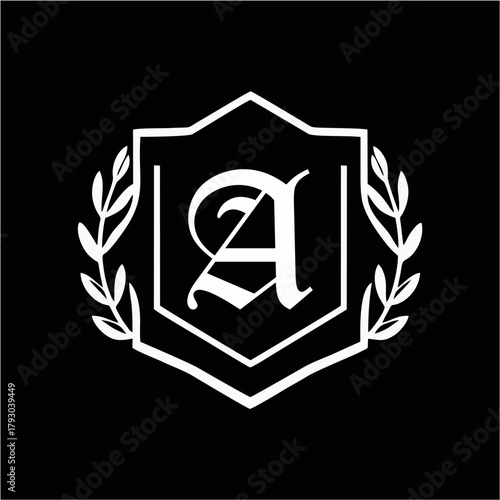 Minimalist Laurel Shield Emblem with Letter A-Z in Elegant Heraldic Design, Combining Royal Aesthetics, Classic Style, and Premium Brand Identity for Luxury and Exclusive Branding Use