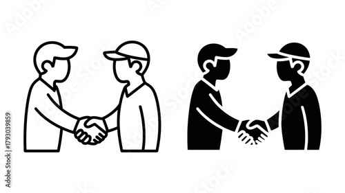 Two men shaking hands in agreement, depicted in both line art and solid black versions