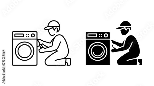A repairman fixing a washing machine, shown in both line art and solid black versions