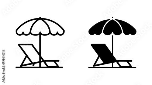 A simple icon of a beach chair and umbrella, in both outline and solid styles, perfect for summer and vacation themes