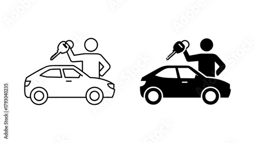 Car rental service icon showing a person holding a car key next to a car car rental service, car sharing concept