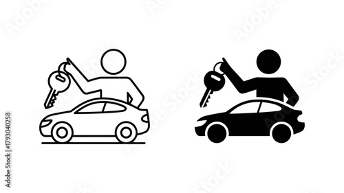 Person holding car key, representing car rental, car sharing, or buying a new car, in a simple and minimalist style