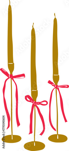 Minimalist Christmas candles line art illustration — elegant winter decor with taper candles and ribbon bows, simple Scandinavian holiday graphic, modern outline vector for seasonal design projects.