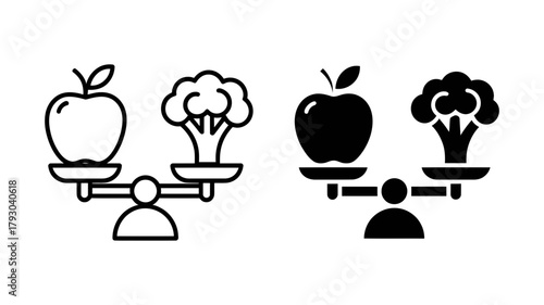 Illustration of an apple and broccoli on a balance scale, representing the concept of healthy eating and lifestyle