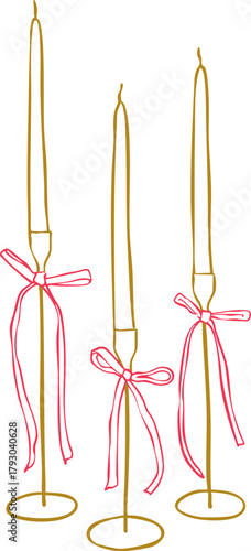 Minimalist Christmas candles line art illustration — elegant winter decor with taper candles and ribbon bows, simple Scandinavian holiday graphic, modern outline vector for seasonal design projects.