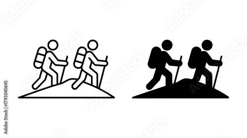 Two hikers with backpacks and trekking poles climb a hill, depicted in both line art and solid black silhouette