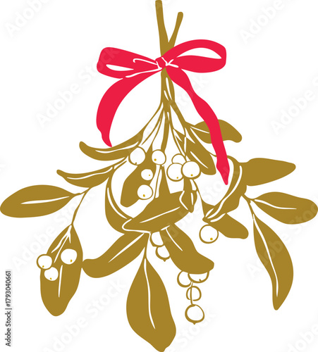 Minimalist mistletoe with bow line art illustration — elegant Christmas botanical decoration, simple Scandinavian holiday graphic, modern winter outline vector for seasonal design projects.