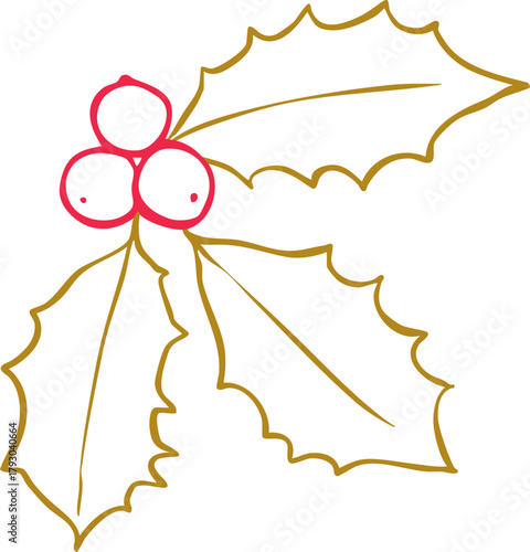 Minimalist holly leaves and berries line art illustration — elegant Christmas botanical element, simple Scandinavian winter graphic, modern outline vector for seasonal holiday design projects.