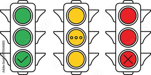 Set of traffic light illustrations displaying green, yellow, and red signals with check and cross icons, perfect for driving education, safety signs, and transportation vector graphics.