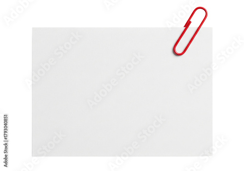 White blank rectangular note paper with paperclip isolated on white