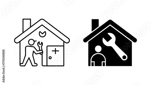 Handyman service icon showing a repairman with a wrench standing in front of a house