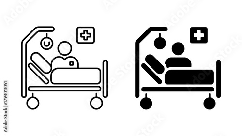 Illustration of a patient in a hospital bed, depicted in both a line drawing and a solid black silhouette