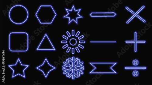Collection of Neon Blue Geometric Shapes and Symbols on a Black Background, Perfect for Digital Design and Graphics