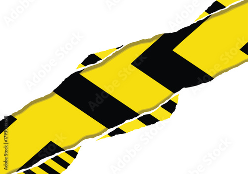 A dynamic abstract representation of torn danger tape creating a striking visual barrier across a clean white background