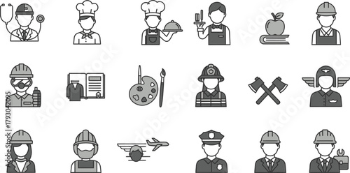 Grey Icon Set Showcasing Diverse Occupations Doctor, Chef, Waiter, Painter and More