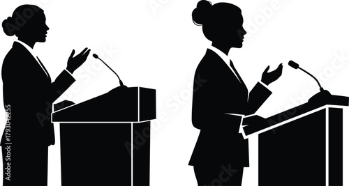 Silhouette illustration of a woman speaking at a podium with a microphone, perfect for public speaking, leadership, presentations, conferences, and professional communication designs.