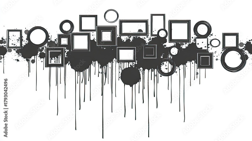 Obraz premium Assorted empty picture frames cascade down from dark ink splatters.