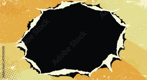 Grungy ripped paper background with jagged black hole opening revealing an abstract void perfect for text and design elements