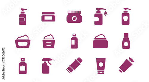 Vector icons representing beauty, cosmetics, and personal care. Includes a bottle, jar, shower gel, face cream, body lotion, spray, ointment, and paste.