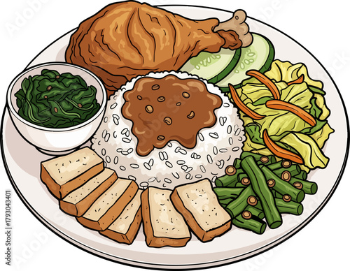 Nasi Komplit Rice Meal with Fried Chicken and Tofu Vector Illustration