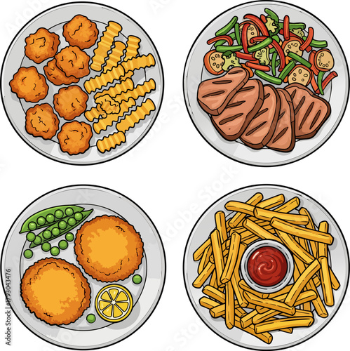Set of 4 Cartoon Main Course Icons: Nuggets, Grill, and Fries