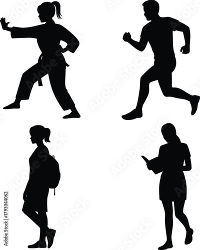 Four diverse silhouettes show people engaged in different activities: martial arts, running, student, and reading