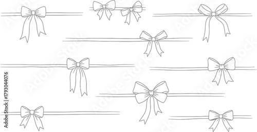 Hand Drawn Bows Line Set, Decorative Ribbon Elements on Transparent Background