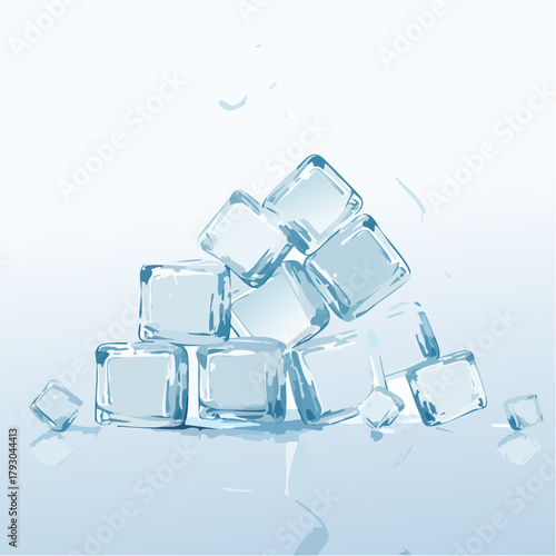 Pile Of Ice Cubes Melting With Water Droplets And Reflections On A White Background