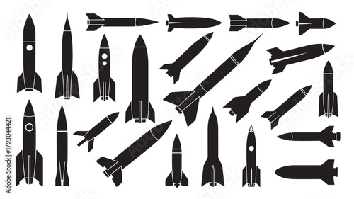 Set of missile icons simple flat vector design of rocket silhouettes isolated on white background