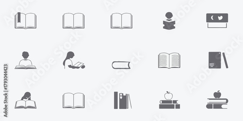Education, reading, books, library, icon set, vector, study, knowledge, learning, academic, school, college, university, e-learning, textbook, open book, closed book, stack of books, bookshelf, reader