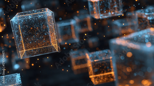 Floating transparent cubes with glowing particles, representing a network connection, modern technologies and digital era.