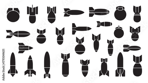 Set of bomb icons black silhouette vector illustration of various missile types isolated on white background