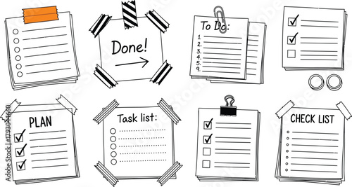 Hand Drawn Check List, Task List and To Do List With Cute Stationery Tape Elements
