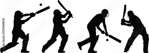 Cricket player action silhouettes, batting sequence and fielding pose, white background