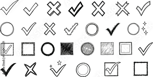 Hand Drawn Check Mark, Cross, Circle and Square Symbols with White Background