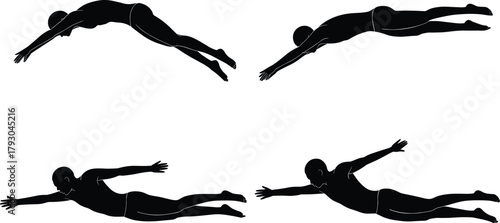 Silhouette swimmer in four distinct diving and swimming poses, isolated on white.