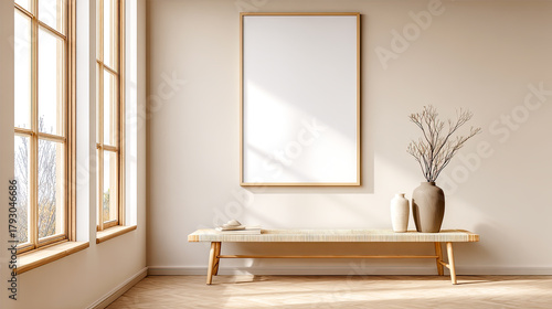 Warme, minimalistische Interiors in Beige- und Naturtönen mit klaren Poster-Mockups an ruhigen, modernen Wänden. Zeitlose Möbel, sanftes Tageslicht und dezente Dekoration