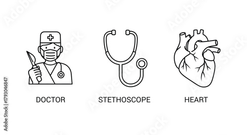 Medical icons depicting a doctor stethoscope and a human heart outline