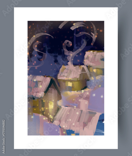 Peaceful winter village with glowing windows and falling snow