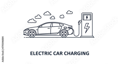 An electric car plugged into a charging station with cloud illustrations