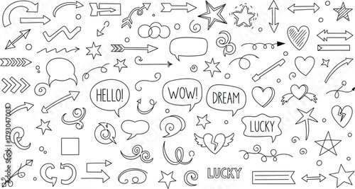 Hand Drawn Arrows Stars Hearts Speech Bubbles Doodle Lines in White Background