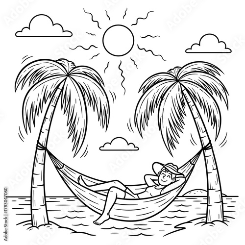 Person relaxing in hammock between palm trees on sunny beach