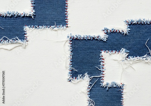 Denim fabric patches with frayed edges sewn onto white textile creating a rustic handcrafted patchwork design texture background