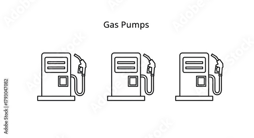 Simple illustration of three black and white gas pumps in a row
