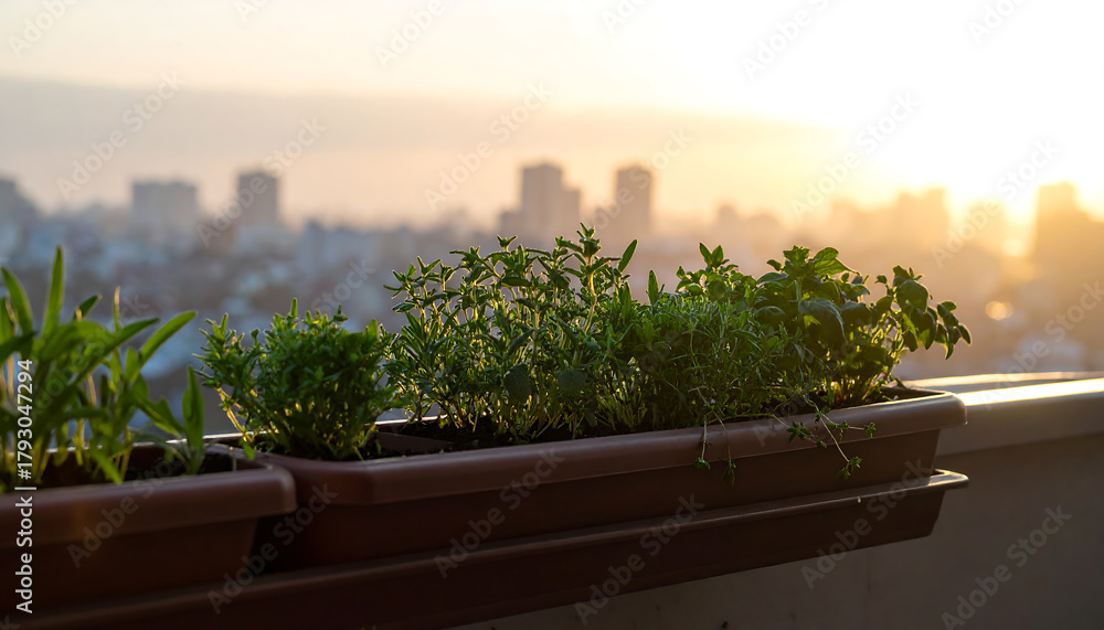 Fototapeta premium Sunlit balcony herb garden in rectangular planters overlooking soft focus urban skyline at warm golden sunrise
