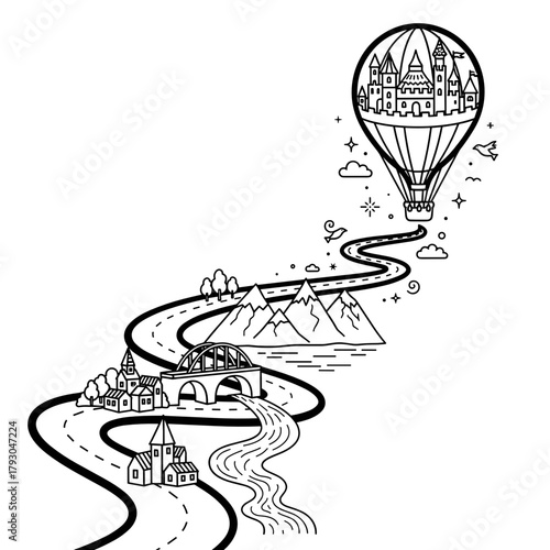 Road map leading to picturesque destinations with hot air balloon