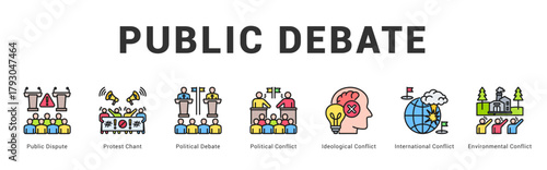 Public Debate Modern and clean web banner illustration featuring thematic icons for visual communication