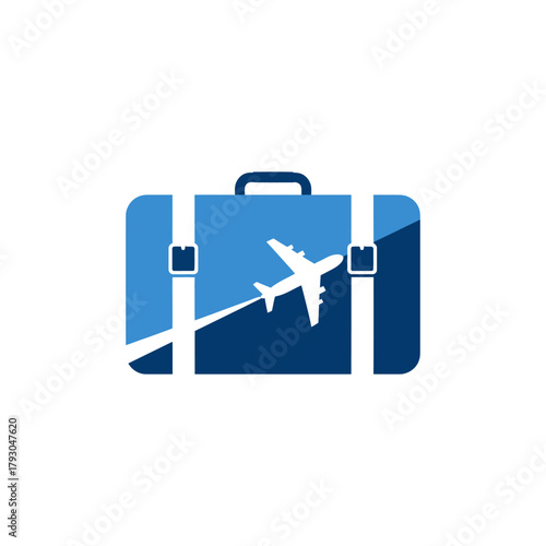 Blue suitcase with airplane silhouette symbolizes travel and adventure, inviting viewers to embark on exciting journeys and explore new destinations, evoking wanderlust.