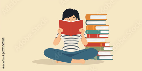 reading illustration, student, woman reading, studying, education, knowledge, stack of books, literature, vector illustration, flat design, e-learning, online education, line icons, minimalist, outlin