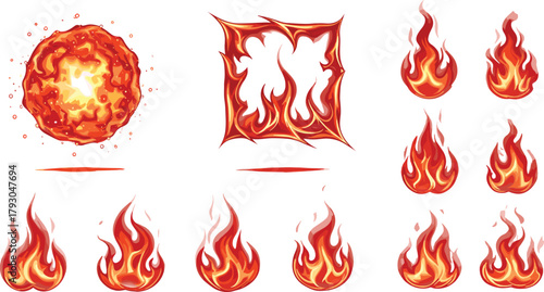 Fire flames, burning explosion, hot energy, realistic fire illustration, glowing heat, flame design, vector art, fiery texture, heat effect, orange flame, bright fire